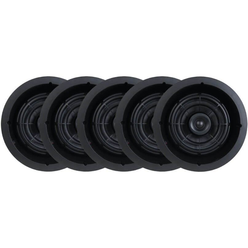 Speakercraft Aim8-2 Room Speaker Pack Four black round speaker drivers are lined up.