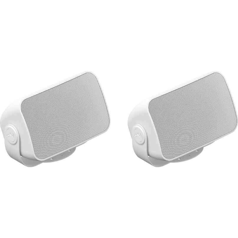Sonos Outdoor Speaker (Pair) Pair of white portable bluetooth speakers with rounded rectangular grills and circular side controls.