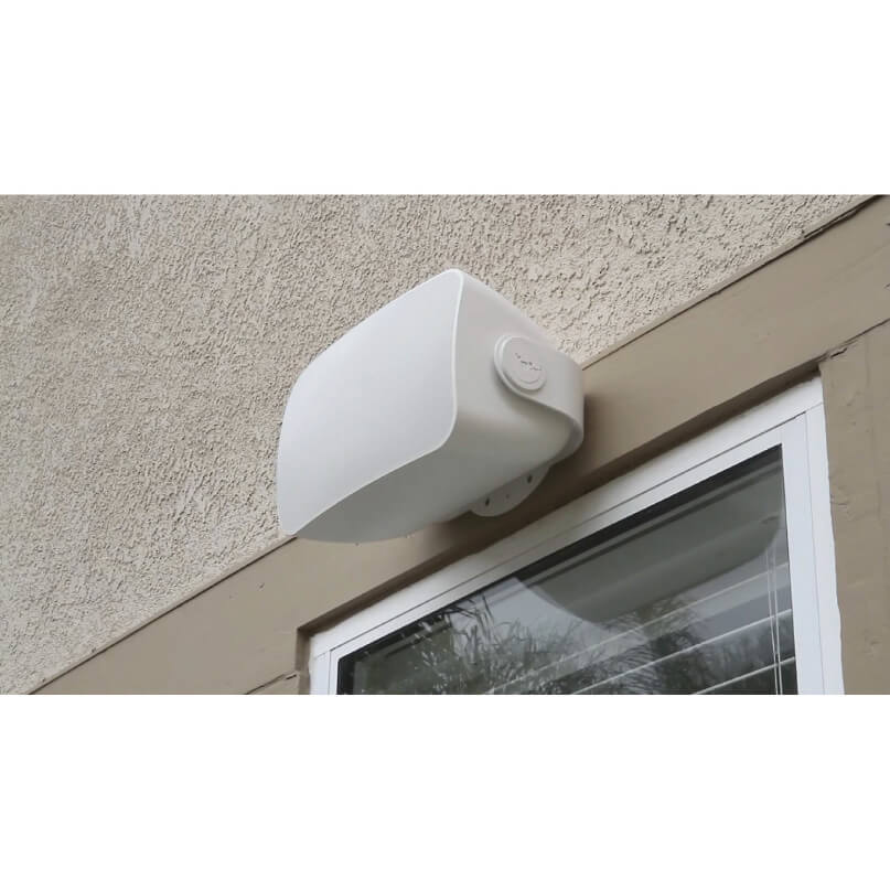 Sonos Outdoor Speaker (Pair) White curved exterior vent hood above window on stucco wall.