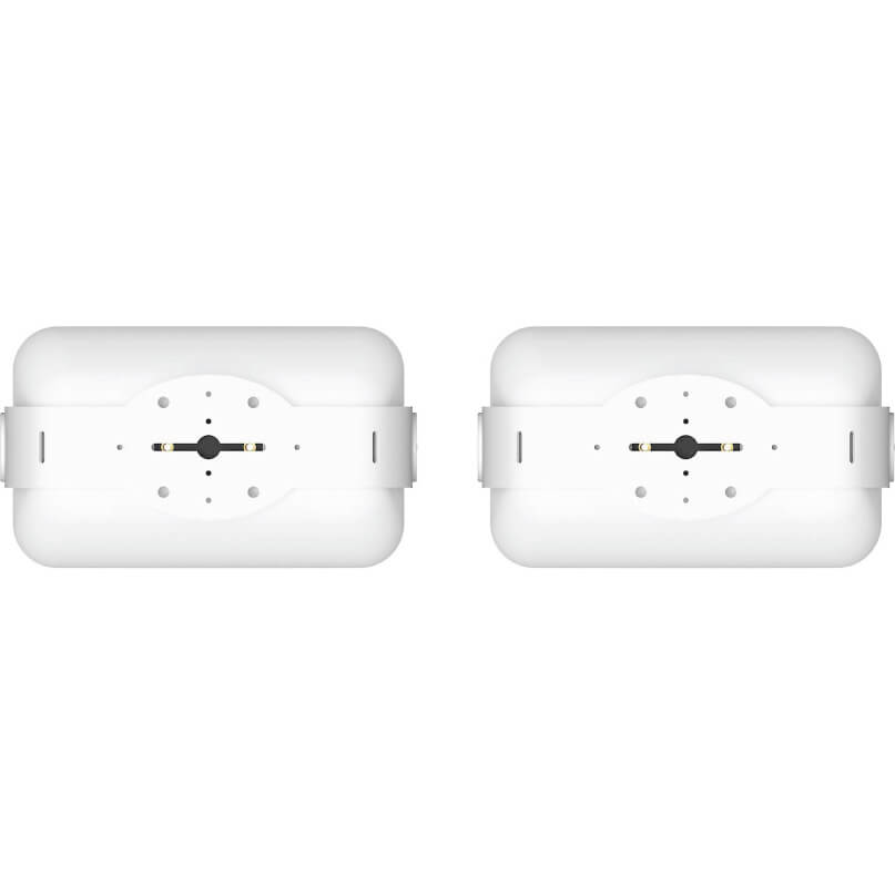 Sonos Outdoor Speaker (Pair) Two white wireless earbud charging cases with rounded edges placed side by side.
