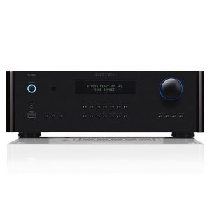 Interdyn Rotel stereo amplifier with large blue ring volume knob, black front panel, digital display, and multiple control buttons.