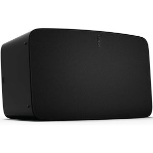 Sonos wireless speaker with a black fabric grille and curved rectangular enclosure.