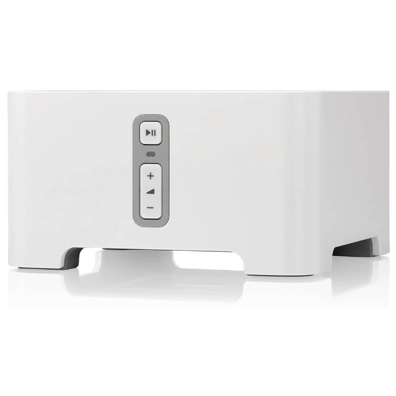 Sonos Connect - Turn Home Theatre Into Music Streaming System White compact electronic device with a vertical gray control panel showing play/pause and plus/minus volume buttons.