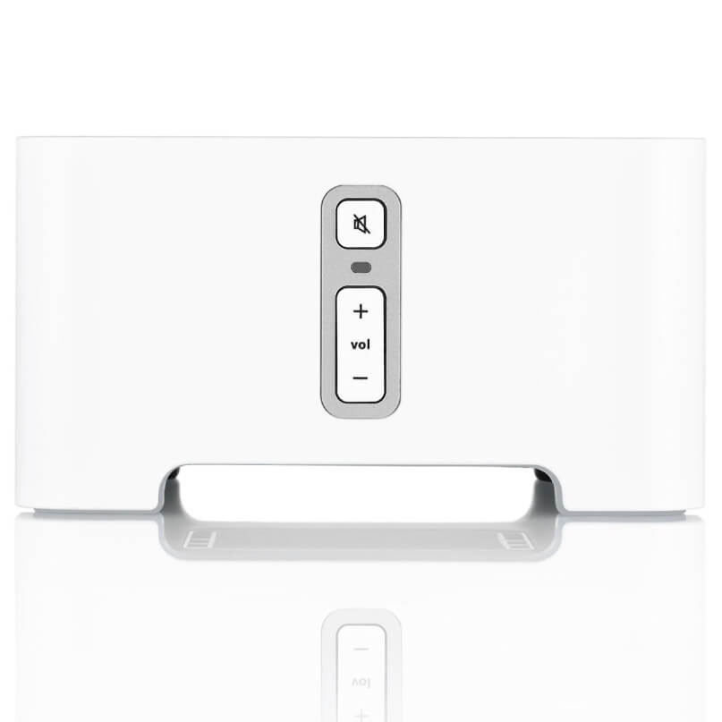 Sonos Connect - Turn Home Theatre Into Music Streaming System White portable wireless speaker with a vertical control panel featuring a mute button and volume up/down buttons.