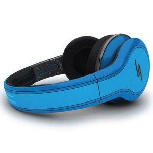 Blue over-ear headphones with black headband, cushioned ear cups, and foldable design.