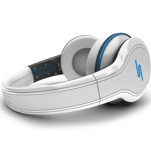 White wireless over-ear headphones with blue accents and a blue side logo.