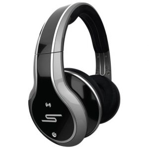 Over-ear wireless headphones in black and silver with cushioned ear cups.