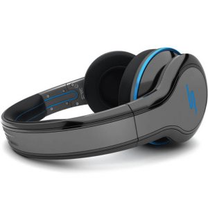 Beats by Dre Studio Wireless over-ear headphones in glossy gray with blue accent ring and padded ear cushions.