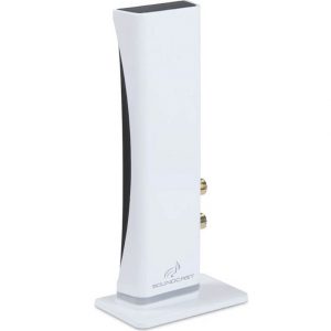Soundcast white wireless speaker tower with curved black side panel and gold binding posts visible on the side