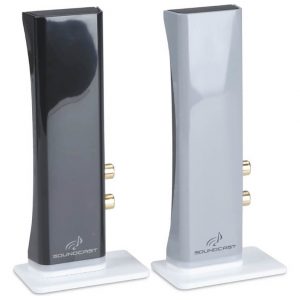 Soundcast wireless speakers in black and gray, mounted on white bases with gold binding posts.