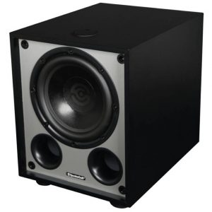 Black subwoofer with a large front woofer, two circular bass ports, and a grey front panel.