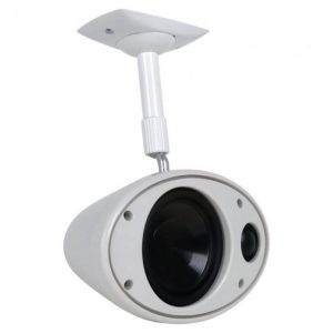 White ceiling-mounted security camera with cylindrical housing, large front lens, and adjustable mounting bracket.