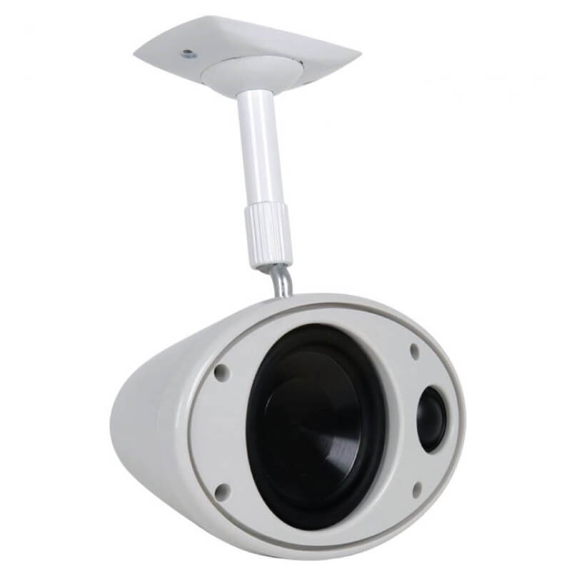 Speakercraft Aim-Mdu Wall/Ceiling Speaker White ceiling-mounted security camera with cylindrical housing, large front lens, and adjustable mounting bracket.