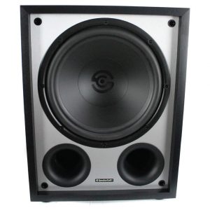 SpeakerCraft subwoofer with a large front-facing woofer and two circular bass ports on a silver panel.