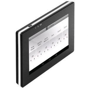All Media touchscreen home automation controller with zone controls, black frame and slim silver trim.