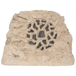 Beige decorative rock sculpture with honeycomb openings revealing dark mesh interior.
