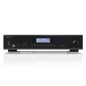 Interdyn Rotel black stereo receiver with front display showing cd 45, extensive front-panel controls, and a large right knob.
