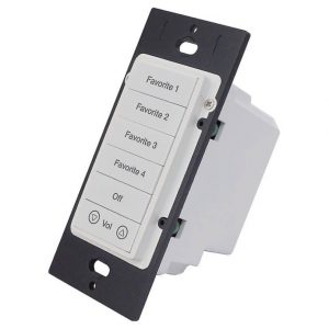White wall-mounted programmable switch with four Favorite presets and volume controls on a black mounting plate.