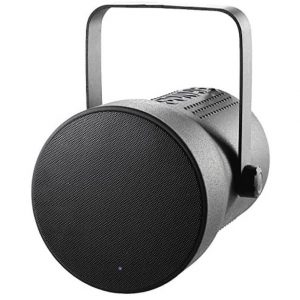 Portable round speaker with black mesh grille, gray metal body, and a hinged carrying handle.