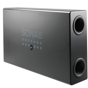 SONAB subwoofer with two circular side openings in a matte black enclosure.