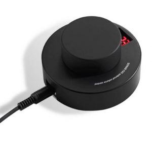 Black circular USB volume control knob with a large top dial and a red LED display.