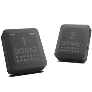 Two black SONAB wireless receivers, numbered 1 and 2, with dotted front pattern.