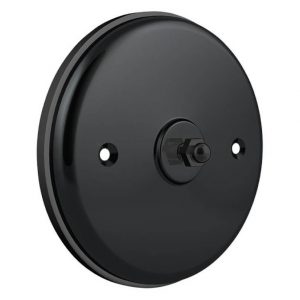 Black round mounting plate with central stud and two screw holes, likely for a light fixture.