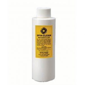 Interdyn Spin-clean washer fluid bottle, white plastic container with yellow label and white screw cap.