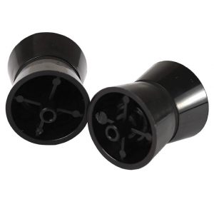 Interdyn Two black plastic cylindrical end caps with hollow centers and radial internal spokes are shown.