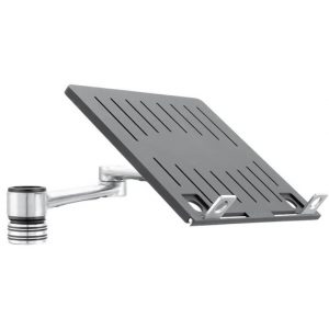 Ventilated metal laptop stand with tilt-adjustable platform and mounting arm.
