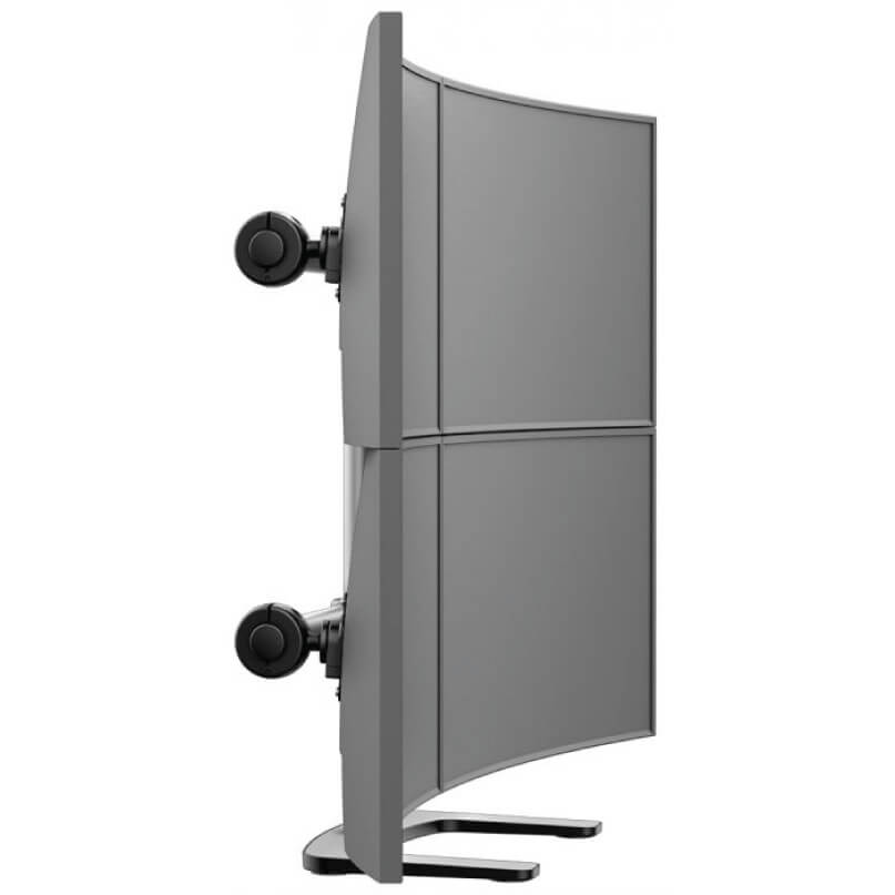 Visidec Vfs-Q Desk Mount Dual curved computer monitor on an adjustable stand with round mounting arms.