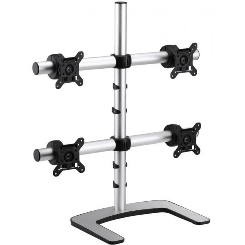 Visidec Vfs-Q Desk Mount Freestanding four-monitor stand with two horizontal arms, vertical center pole, and four vesa mounts on a curved base.
