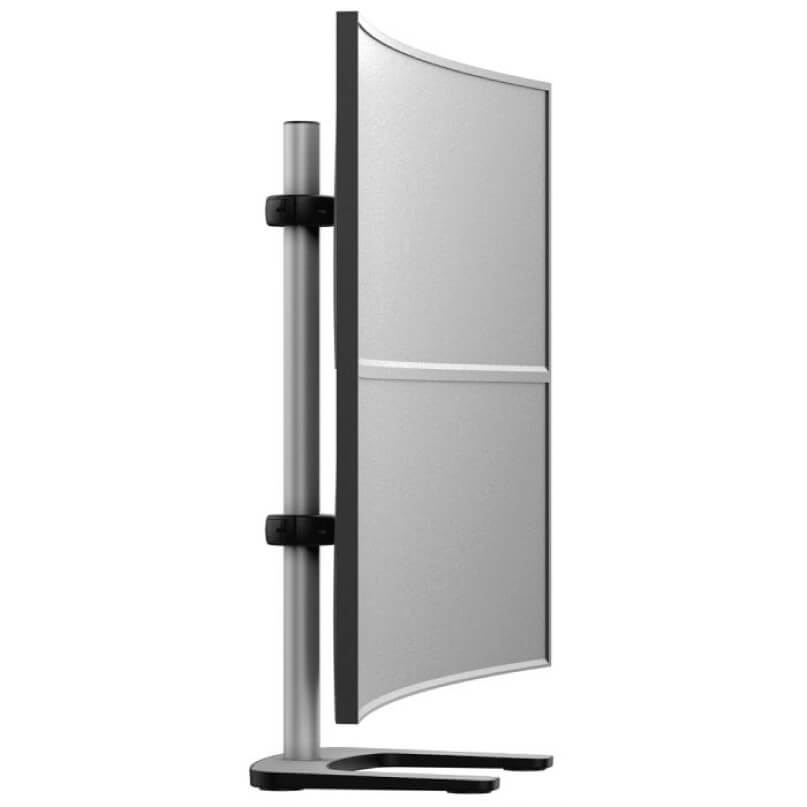 Curved ultrawide computer monitor mounted on a silver adjustable stand.