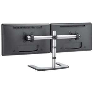 Dual monitor desk stand with a central chrome support and adjustable arms for two screens.