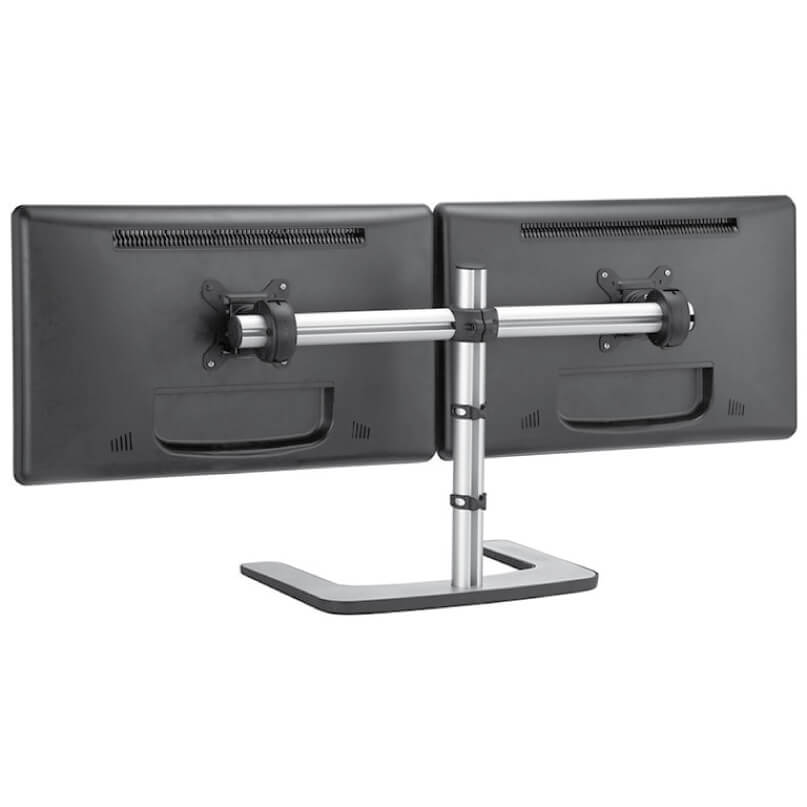 Visidec Vfs-Dh Desk Mount Dual monitor desk stand with a central chrome support and adjustable arms for two screens.