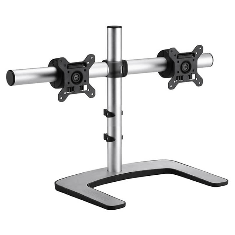 Visidec Vfs-Dh Desk Mount Dual-monitor desk mount with two vesa brackets on an aluminum crossbar, vertical support, and curved u-shaped base.