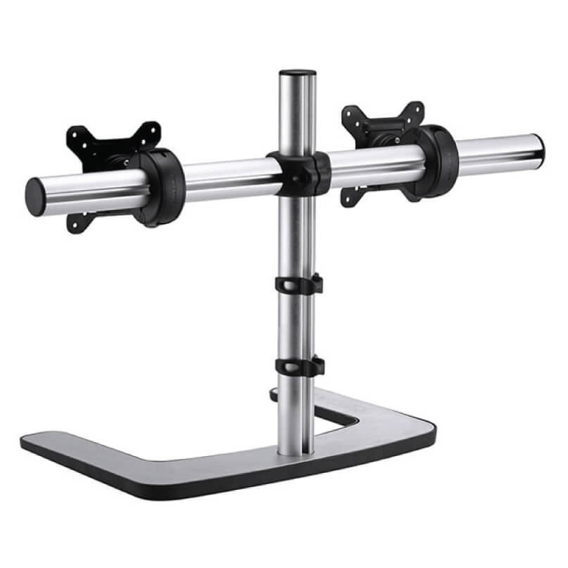 Visidec Vfs-Dh Desk Mount Dual monitor desk mount with adjustable crossbar, vesa mounting plates, and clamped vertical support on a sturdy base.
