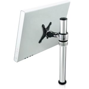 Flat-screen monitor mounted on a chrome adjustable pole stand with clamp arm and VESA mounting bracket