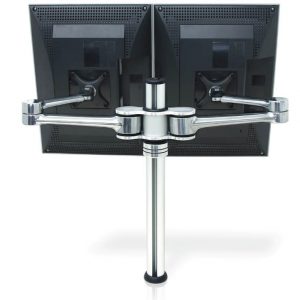 Two monitors mounted on a chrome articulating-arm stand with a vertical support pole.