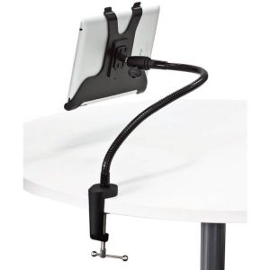 Desk-mounted tablet holder with flexible gooseneck arm and C-clamp attached to table edge.