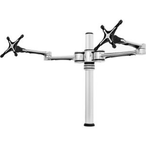 Chrome dual-arm monitor desk mount with vertical pole and black VESA mounting heads.