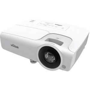 Vivitek projector with large front lens, white compact body and top control panel.