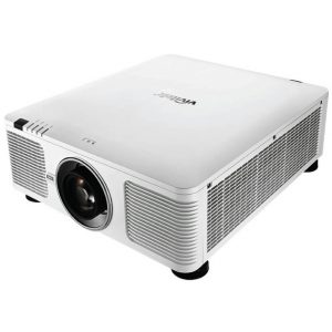 Vivitek white multimedia projector with large front lens, side ventilation grills, and small feet.