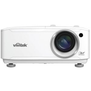 Vivitek DLP projector with large front lens, white body and adjustable feet.