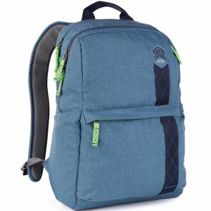 STM blue backpack with front pocket, lime-green zipper pulls, dark blue diamond-patterned vertical strap, top handle, and padded shoulder straps.