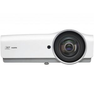 White DLP projector with a large front lens and HDMI logo.