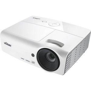 Vivitek white DLP multimedia projector with front lens, top controls, and side ventilation.