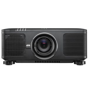 Front view of a black projector with a large central lens, side vents, and adjustable feet.