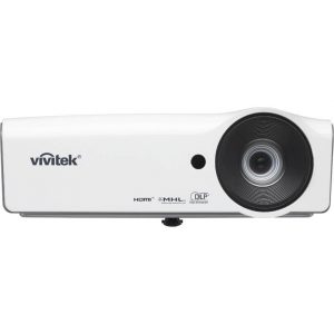 Vivitek projector with a large front lens on a white body and HDMI/MHL logos.