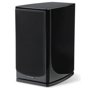 Wharfedale black glossy bookshelf speaker with a removable fabric grille and rounded cabinet.